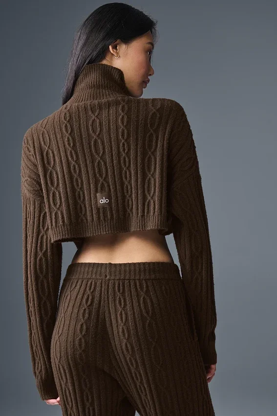 Jersey de cuello alto corto de punto trenzado «Winter Bliss» de manga larga - Espresso