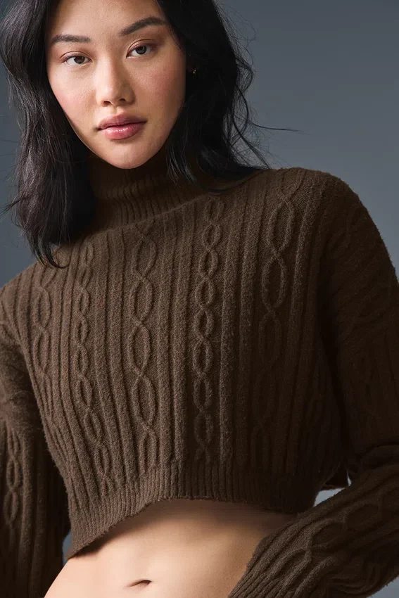 Jersey de cuello alto corto de punto trenzado «Winter Bliss» de manga larga - Espresso