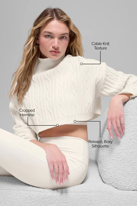 Jersey de cuello alto corto de punto trenzado «Winter Bliss» de manga larga - Marfil