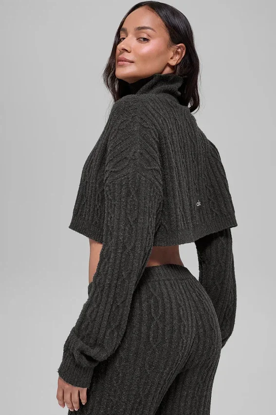 Jersey de cuello alto corto de punto trenzado Winter Bliss, manga larga - Gris oscuro jaspeado