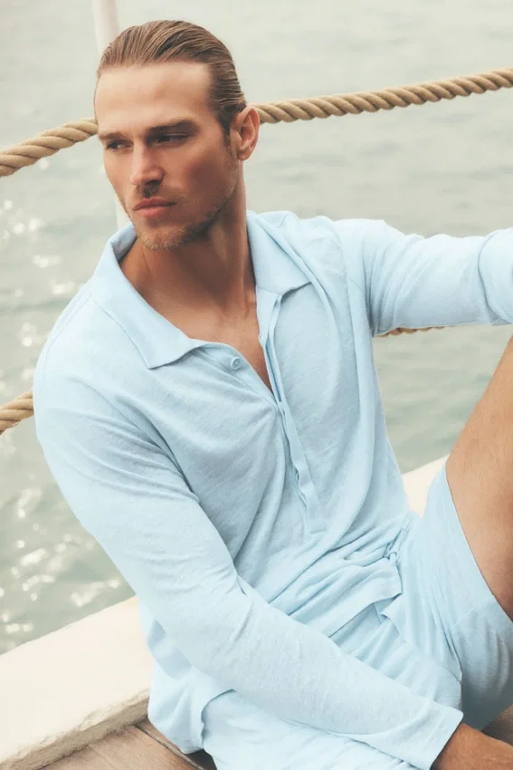 Jersey de lino «Coastal» de manga larga - Azul mar