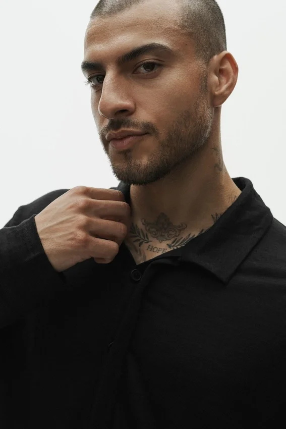 Jersey de lino «Coastal» de manga larga sin botones - Negro
