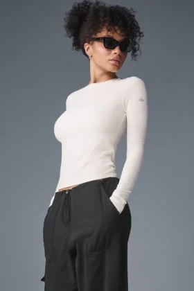 Jersey de manga larga con cuello acanalado Sea Coast – Marfil