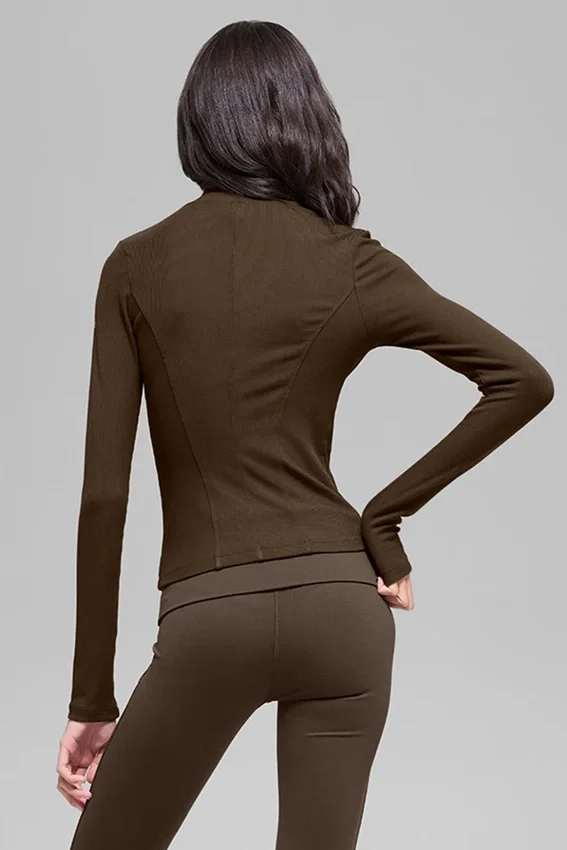 Jersey de manga larga con cuello alto «Mesmerize» de punto acanalado - Espresso