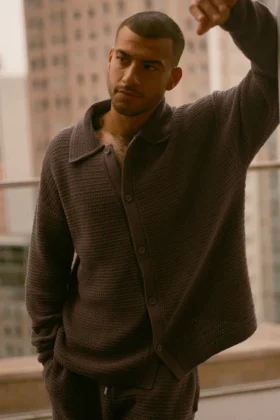 Jersey de manga larga con cuello redondo y botones «Shift Knit» - Espresso
