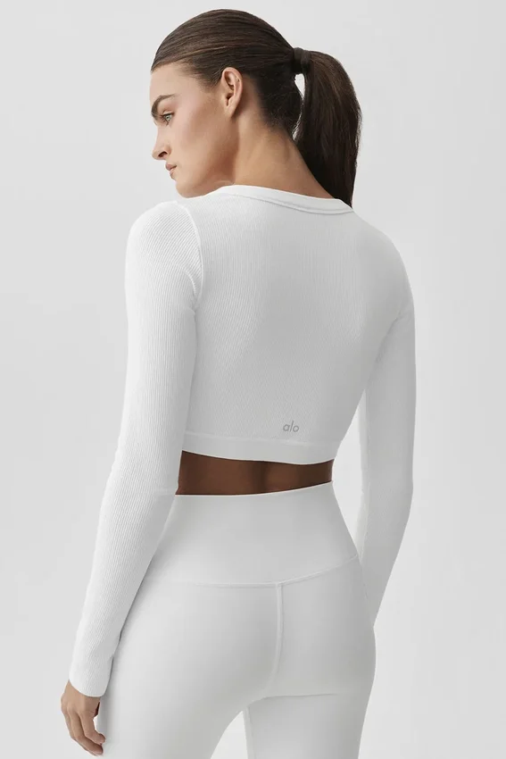 Jersey de manga larga corta «Serene» sin costuras y con canalé - Blanco