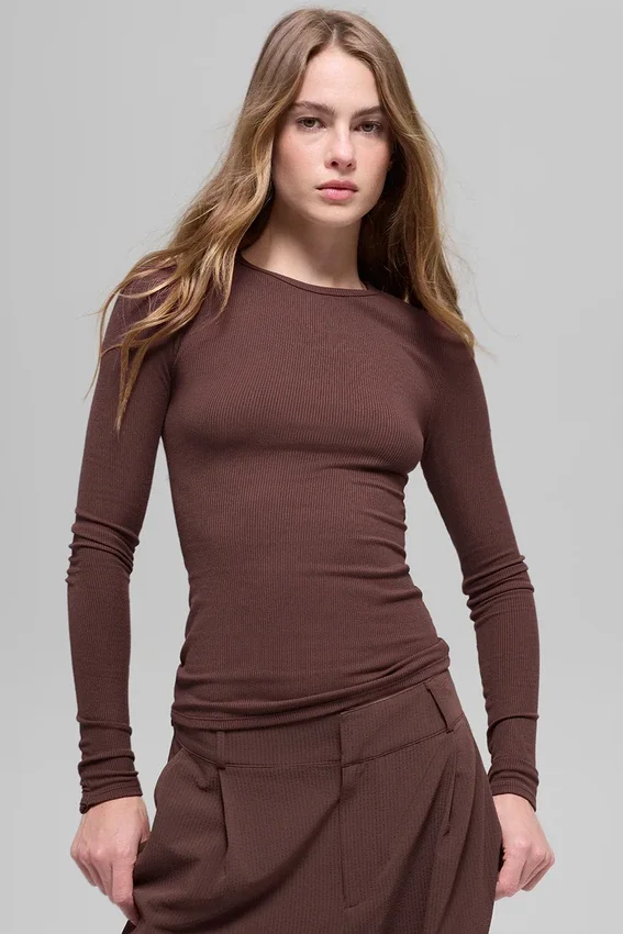Jersey de manga larga de modal acanalado - Brownstone