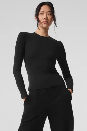 Jersey de manga larga de modal acanalado - Negro