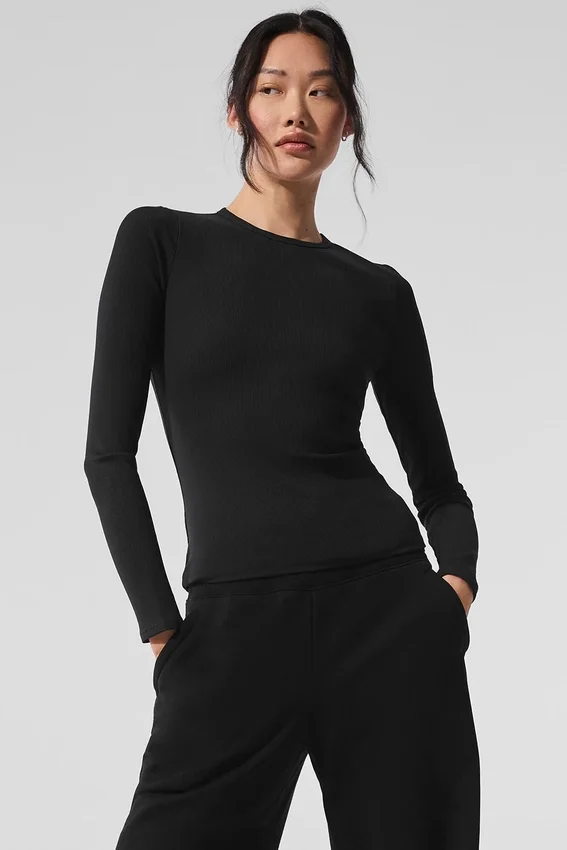 Jersey de manga larga de modal acanalado - Negro