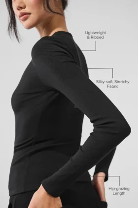 Jersey de manga larga de modal acanalado – Negro
