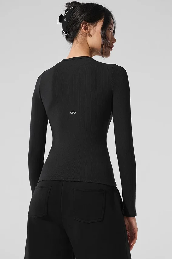 Jersey de manga larga de modal acanalado - Negro