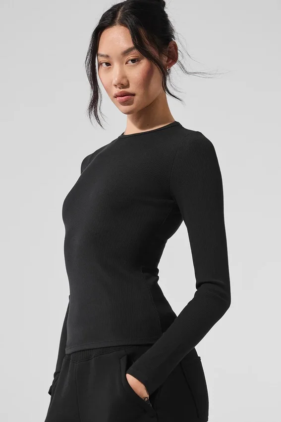 Jersey de manga larga de modal acanalado - Negro