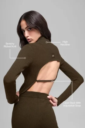 Jersey de punto vaquero sin espalda y de manga larga – Espresso/Negro