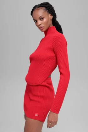 Jersey de punto vaquero sin espalda y de manga larga - Rojo brillante