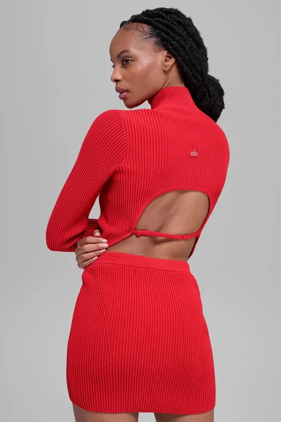 Jersey de punto vaquero sin espalda y de manga larga - Rojo brillante