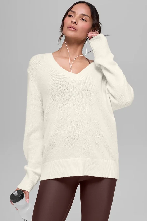 Jersey oversize de cuello en V de lana y cachemira New Class - Marfil