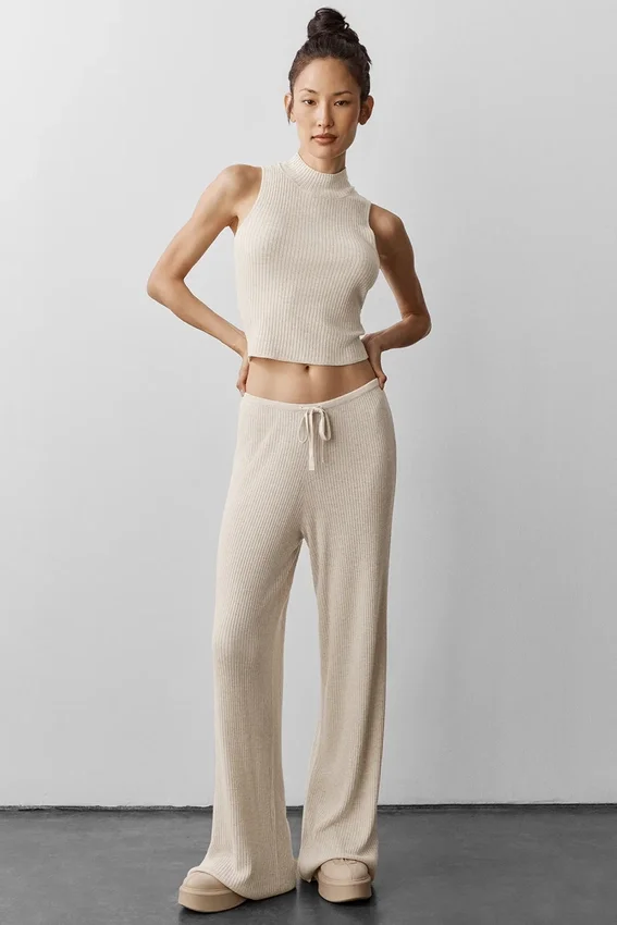 Jerséu ancho de talle medio «Unwind» de punto de jersey - Gris avena jaspeado