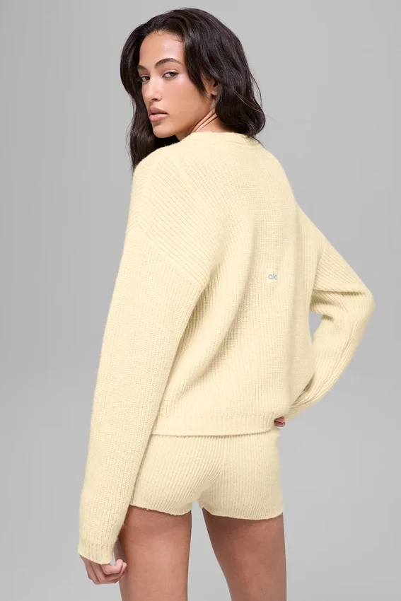 Jerséu de cuello redondo Noble de lana y cachemira con canalé - Amarillo luz de vela