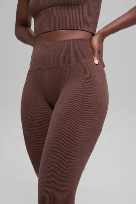 Leggings sin costuras de cintura High-Waist y dos tonos con tejido acanalado – Brownstone Heather