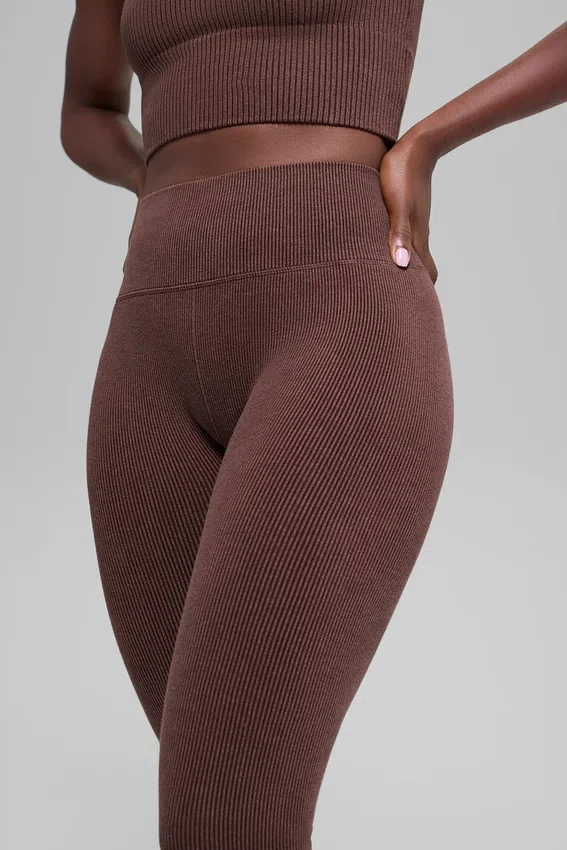 Leggings sin costuras de cintura High-Waist y dos tonos con tejido acanalado - Brownstone Heather