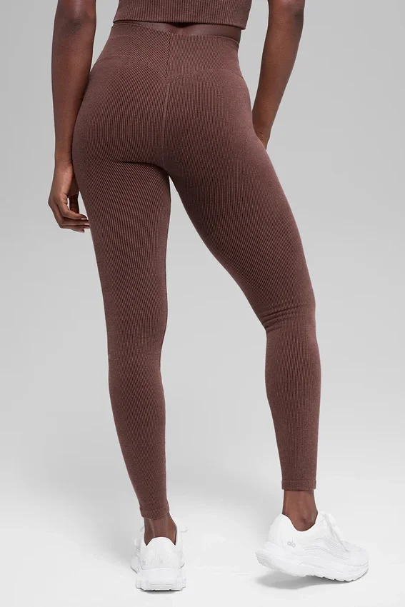 Leggings sin costuras de cintura High-Waist y dos tonos con tejido acanalado - Brownstone Heather
