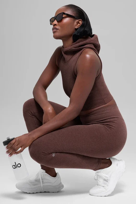 Leggings sin costuras de cintura High-Waist y dos tonos con tejido acanalado - Brownstone Heather