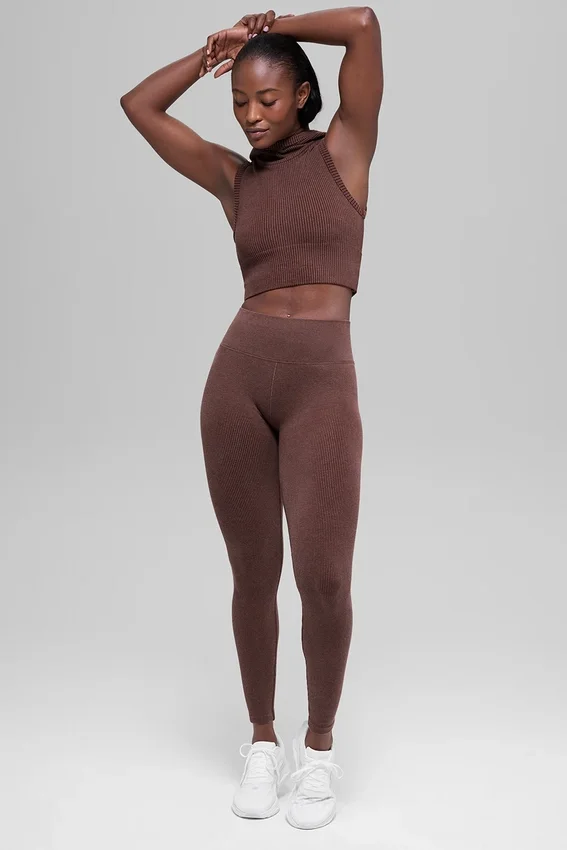 Leggings sin costuras de cintura High-Waist y dos tonos con tejido acanalado - Brownstone Heather