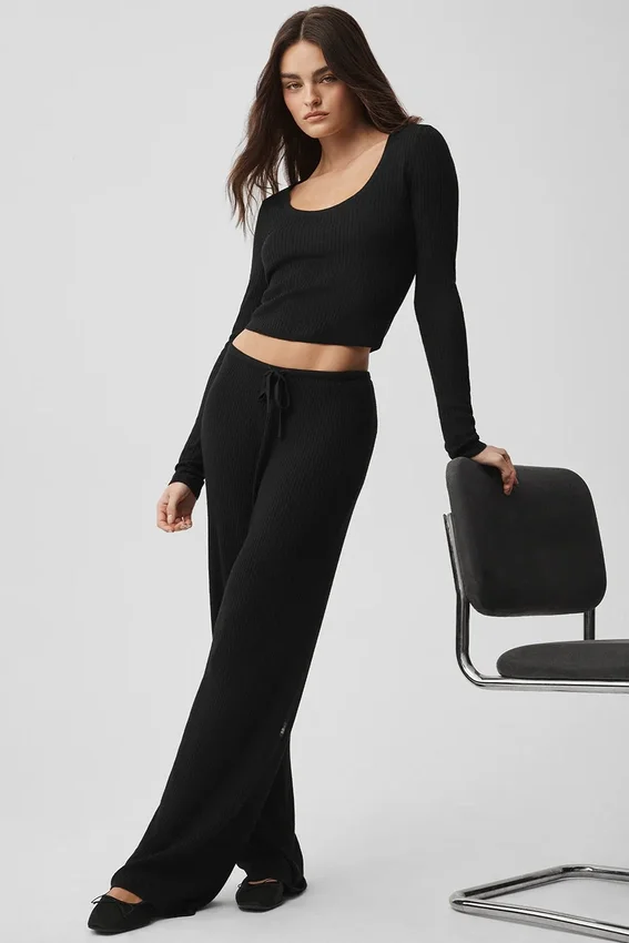 Pantalón ancho de talle medio Unwind de jersé — Negro