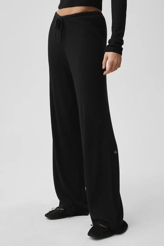 Pantalón ancho de talle medio Unwind de jersé — Negro