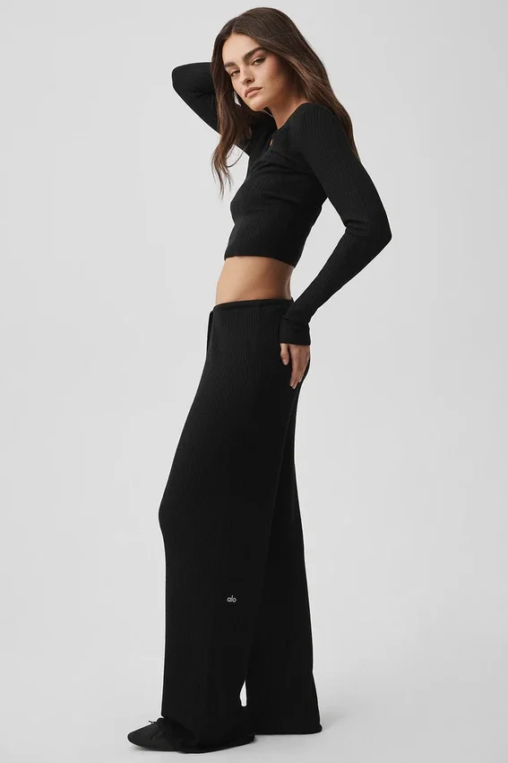 Pantalón ancho de talle medio Unwind de jersé — Negro