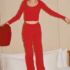 Pantalón ancho de talle medio «Unwind» de jerséu – Rojo brillante