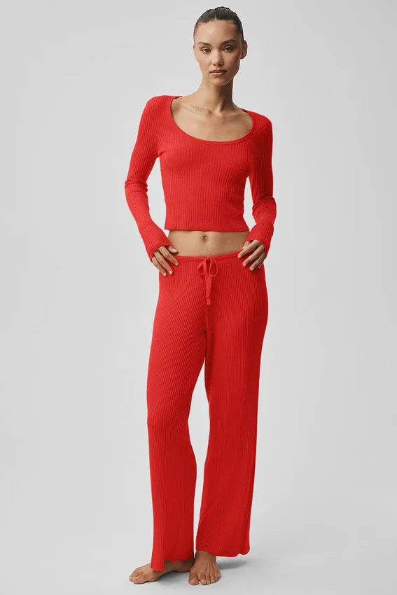 Pantalón ancho de talle medio «Unwind» de jerséu – Rojo brillante