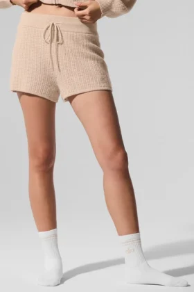 Pantalón corto de cachemira High-Waist con tejido de gofre mullido - Macadamia Blush