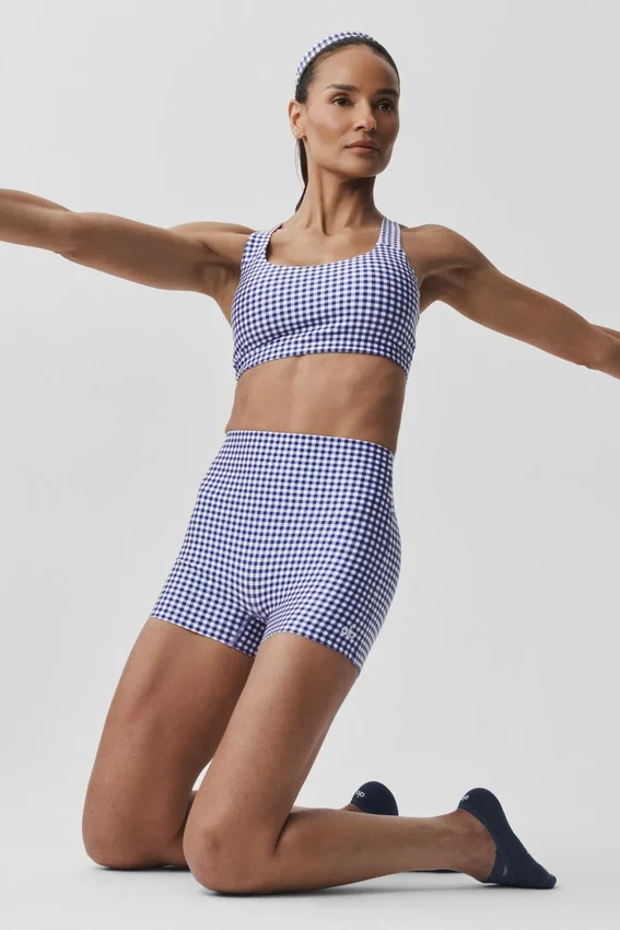 Pantalón corto elegante High-Waist Airlift de 3" con estampado de cuadros vichy - Azul marino