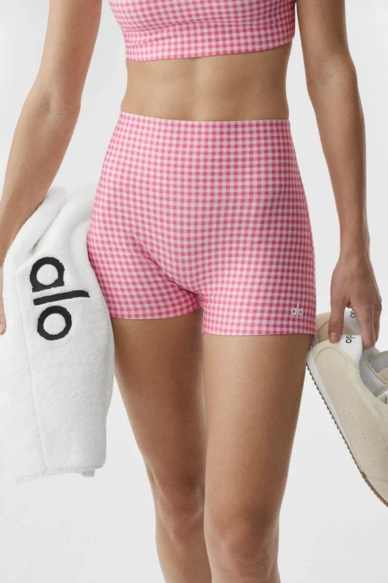 Pantalón corto elegante High-Waist Airlift de cuadros vichy de 3" - Cuadros vichy rosa paraíso