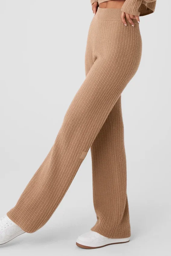 Pantalón de cachemira High-Waist con tejido de panal mullido - Almendra tostada