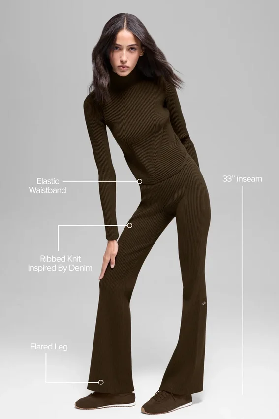 Pantalones acampanados High-Waist de punto vaquero - Espresso/Negro