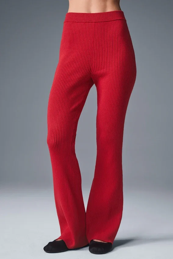 Pantalones acampanados High-Waist de punto vaquero — Rojo intenso/Rojo intenso oscuro