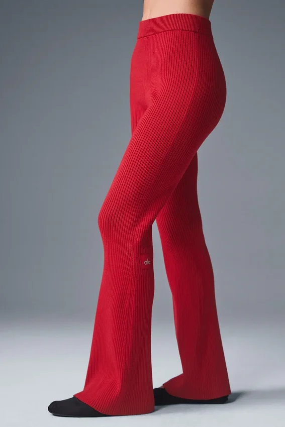 Pantalones acampanados High-Waist de punto vaquero — Rojo intenso/Rojo intenso oscuro