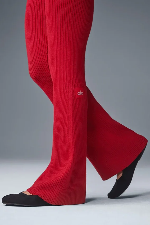 Pantalones acampanados High-Waist de punto vaquero — Rojo intenso/Rojo intenso oscuro