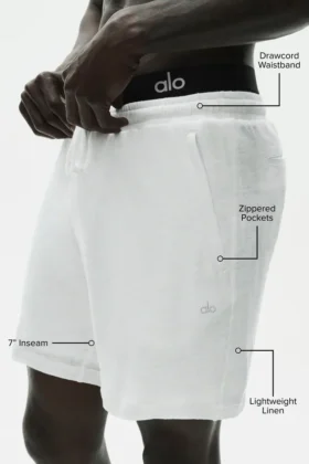 Pantalones cortos «Coastal» de jersey de lino de 7″ – Blanco