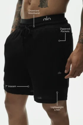 Pantalones cortos «Coastal» de jersey de lino de 7″ – Negro