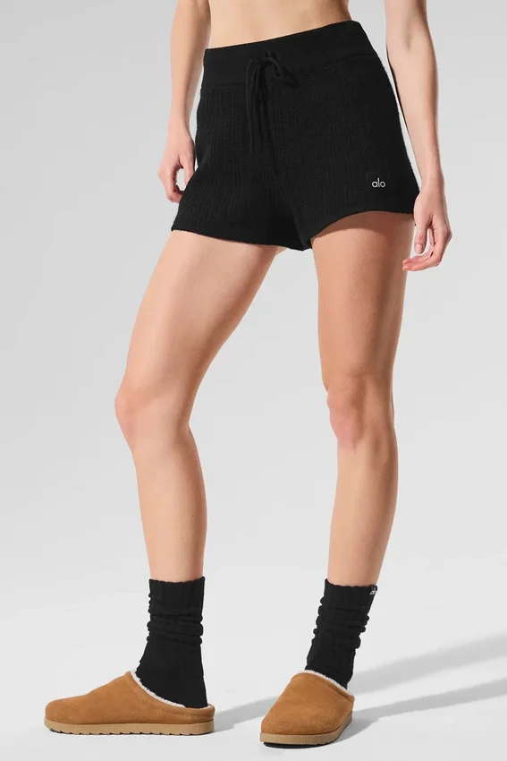 Pantalones cortos de cachemira High-Waist con tejido de gofre mullido - Negro