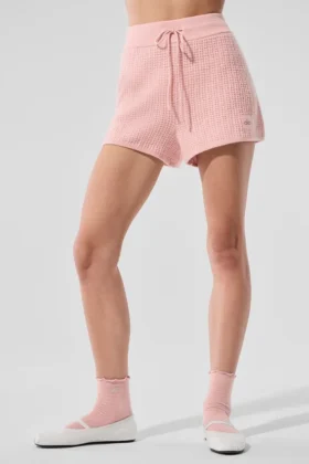 Pantalones cortos de cachemira High-Waist con tejido de gofre mullido - Rosa cuarzo
