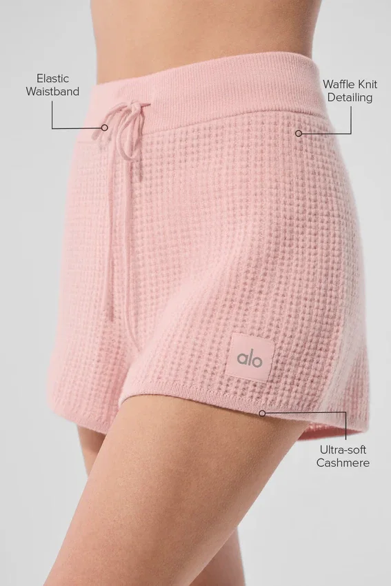 Pantalones cortos de cachemira High-Waist con tejido de gofre mullido - Rosa cuarzo