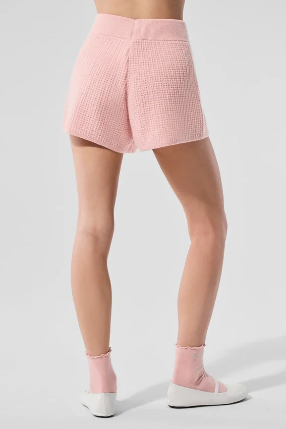 Pantalones cortos de cachemira High-Waist con tejido de gofre mullido - Rosa cuarzo