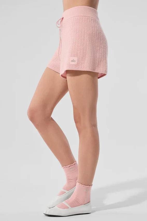 Pantalones cortos de cachemira High-Waist con tejido de gofre mullido - Rosa cuarzo