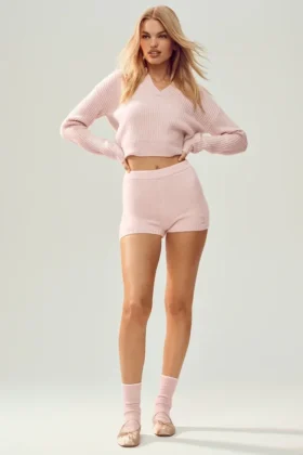Pantalones cortos de cachemira High-Waist Embrace - Rosa escarchado