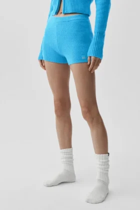Pantalones cortos Noble de lana y cachemira con canalé - Azul celeste