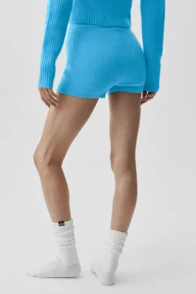 Pantalones cortos Noble de lana y cachemira con canalé – Azul celeste
